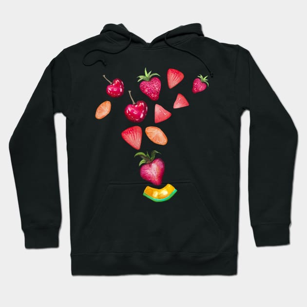 Watercolor Fruits splash, strawberries, cherries, watermelon slices Hoodie by IngaDesign